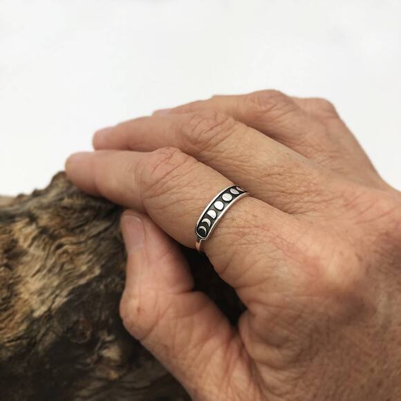 Artisan Sterling Silver Moon Phases Stacking Band Ring - Picture 3 of 5